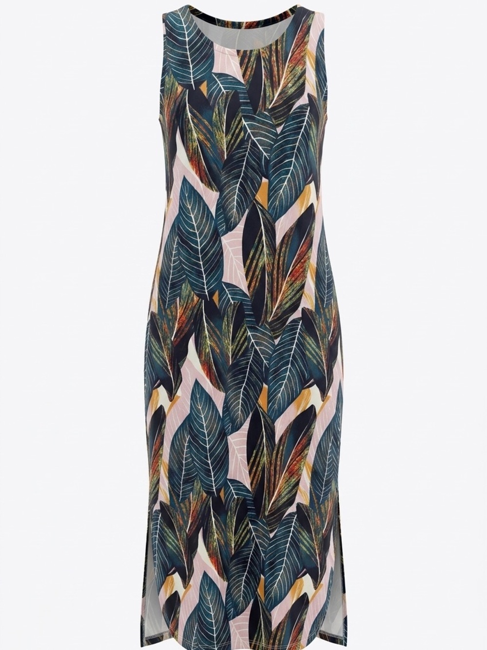 Sleeveless Maxi Dress with Botanical Leaf Print — Pink & Green